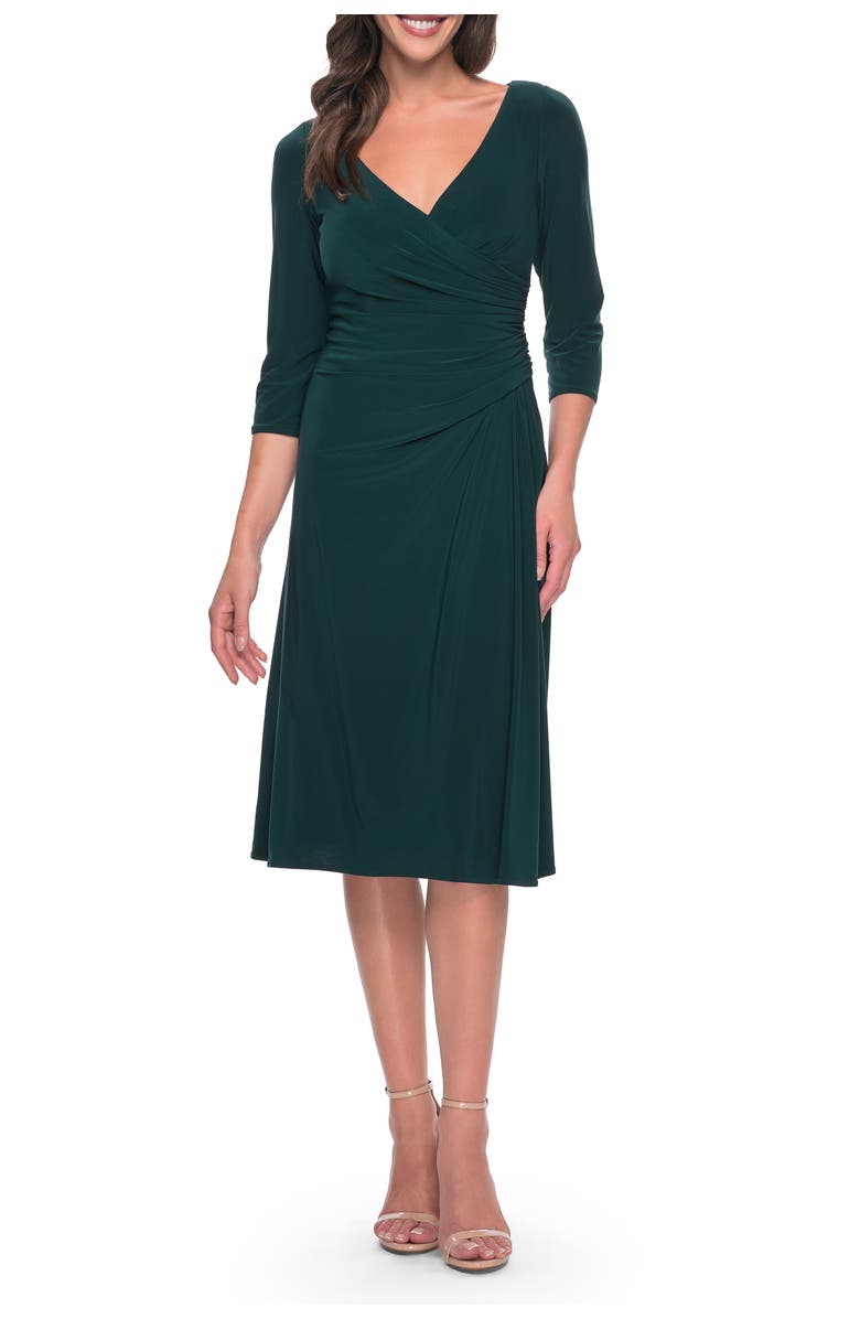 La Femme Chic Tea Length Jersey Dress with Ruching, Main, color, Hunter Green