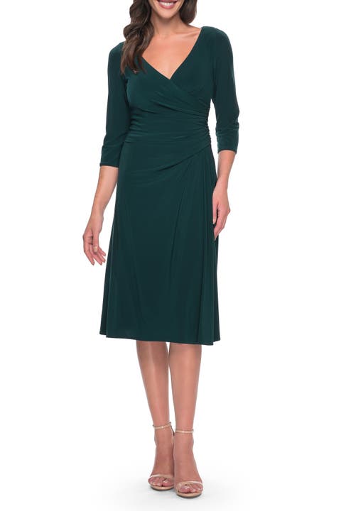 Chic Tea Length Jersey Dress with Ruching