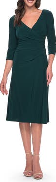 La Femme Chic Tea Length Jersey Dress with Ruching