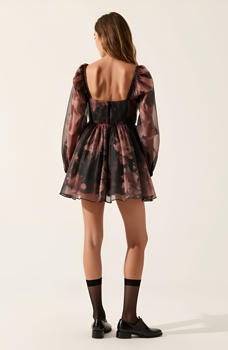 Modenaire Floral Organza Bubble-Sleeve Tulle-Layered Mini Dress, Alternate, color, Floral Organza