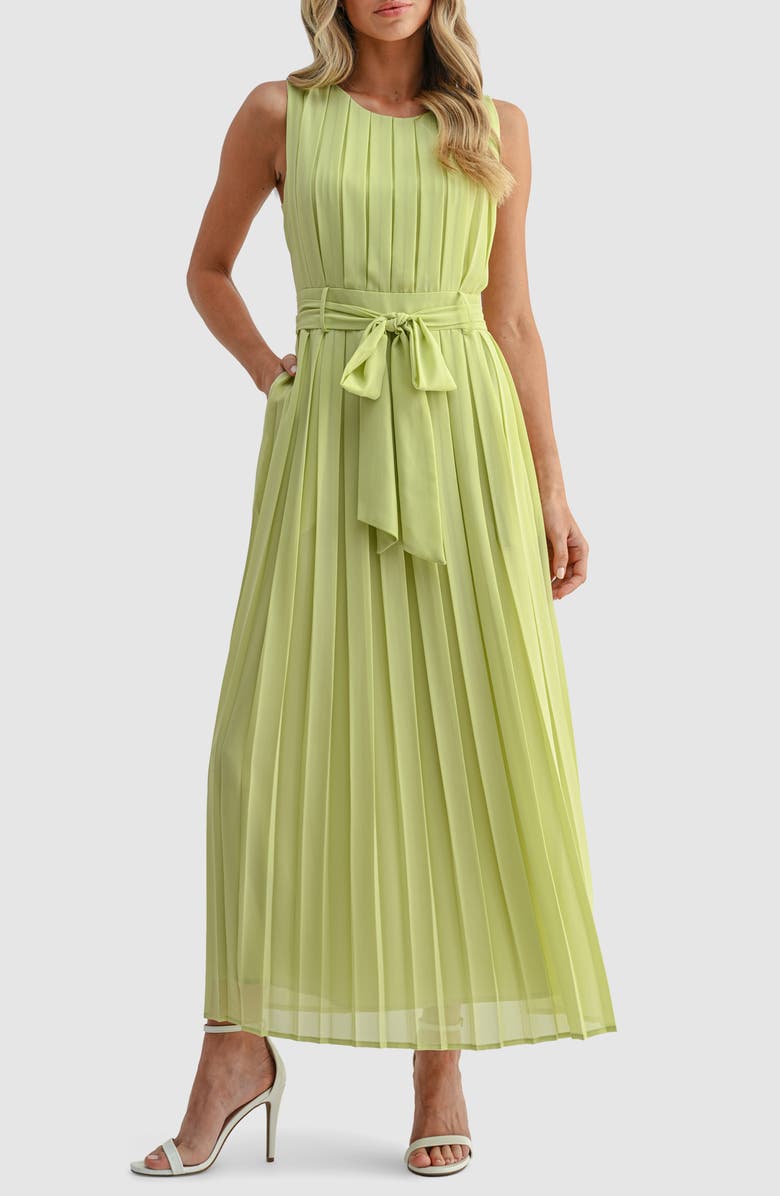 Mila Mae Pleated Belted Maxi Dress, Main, color, Lime Green