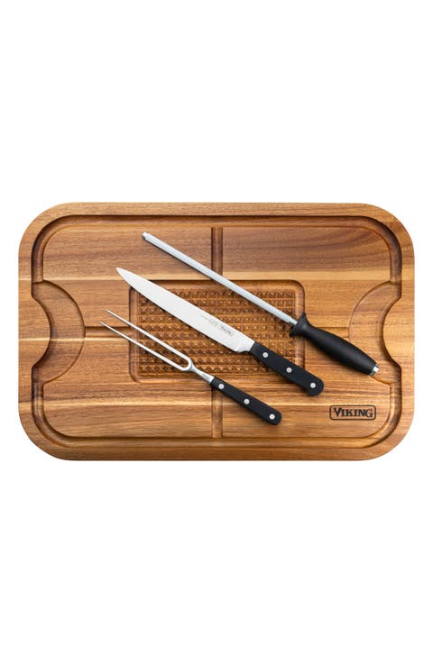 Acacia Carving Board With 3-Piece Carving Set
