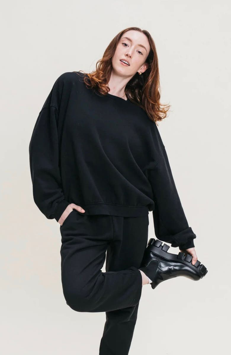 Ocio Women's Organic Cotton Teddy Oversized Crewneck, Alternate, color, Black