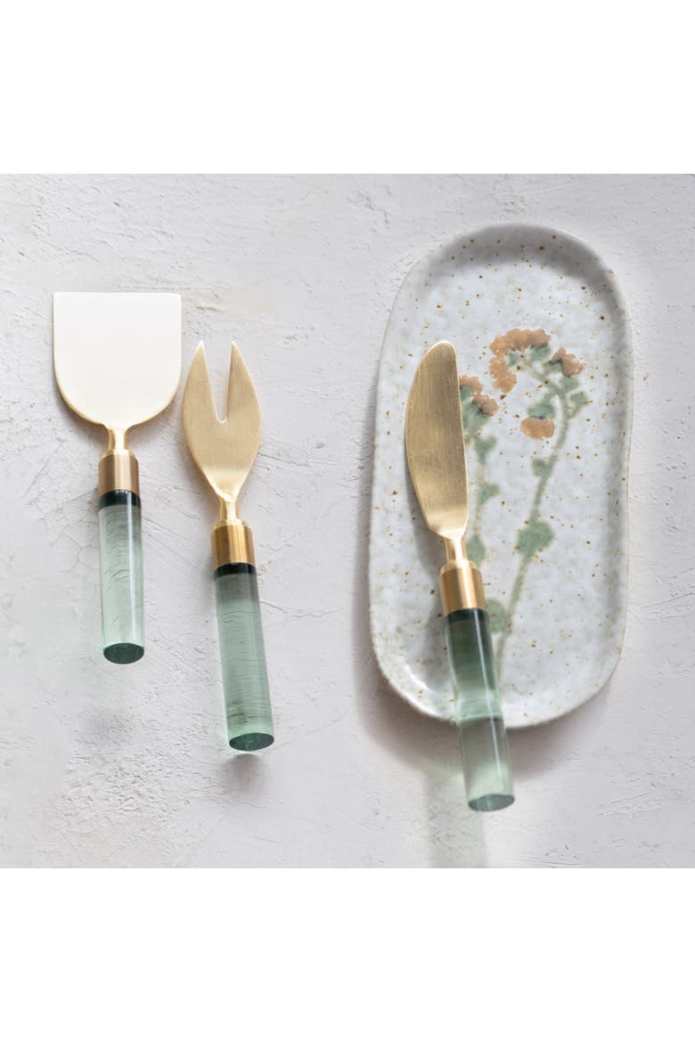 7 Inches Stainless Steel Cheese Utensils with Resin Handles and Printed Drawstring Bag, Brass Finish and Green, Alternate, color, Green