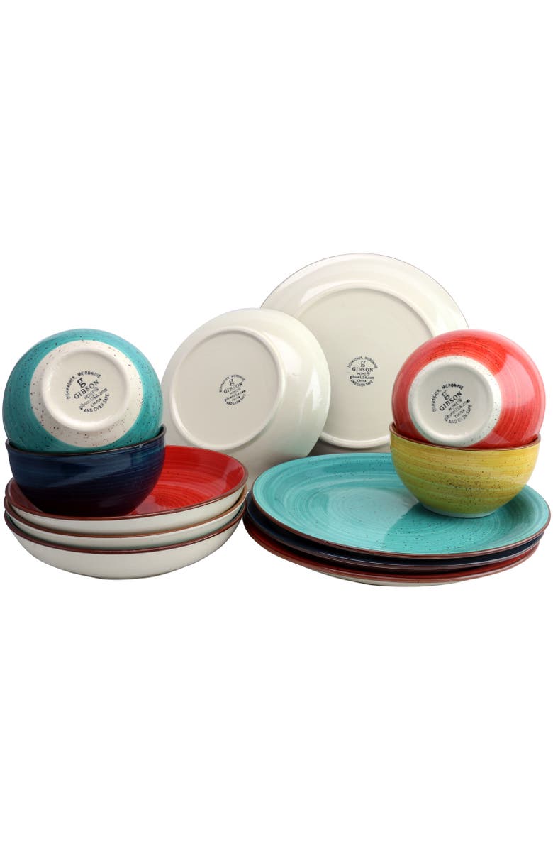 Gibson Home Color Speckle 12 Piece Mix and Match Double Bowl Dinnerware Set in 4, Alternate, color, Yellow