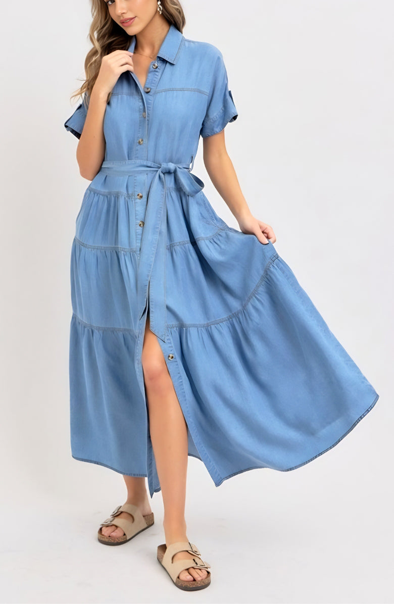 Knit and Lounge Short Sleeve Tiered Button Front Collared Midi Dress, Alternate, color, Chambray Blue