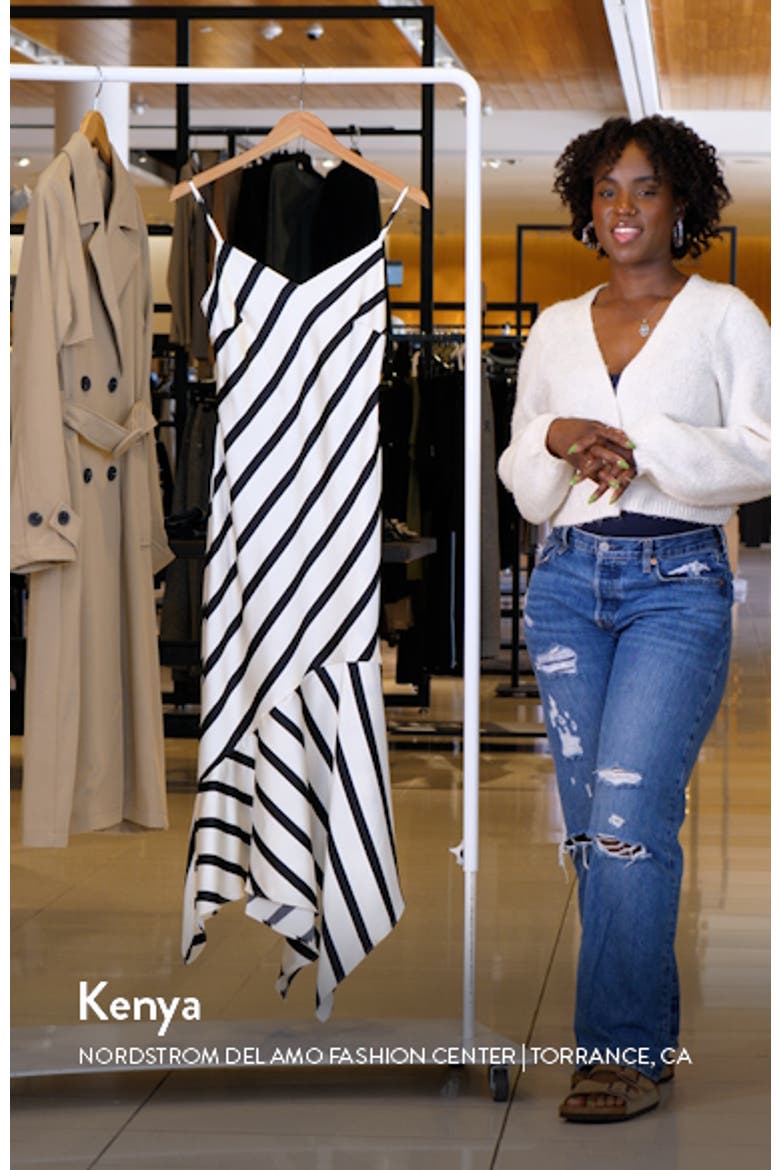Lucille Stripe Asymmetric Hem Satin Midi Dress video