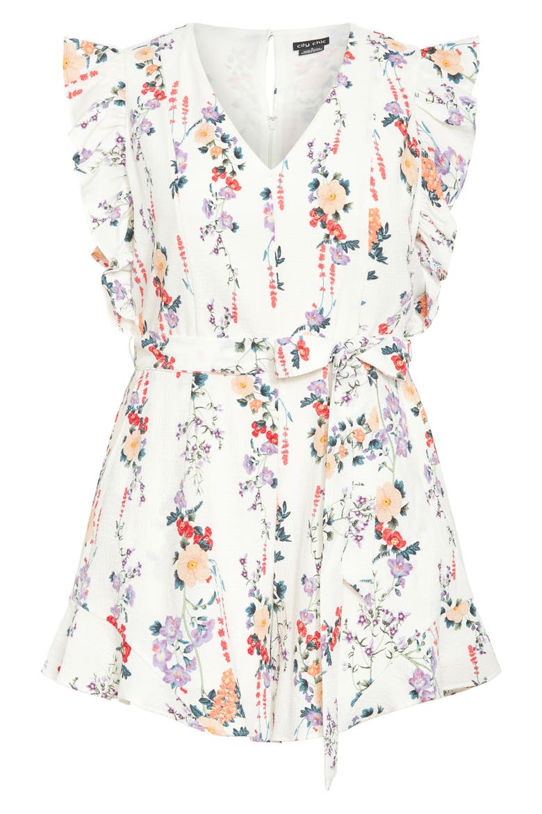Fay Flutter Sleeve Tie Belt Romper, Alternate, color, FLORAL