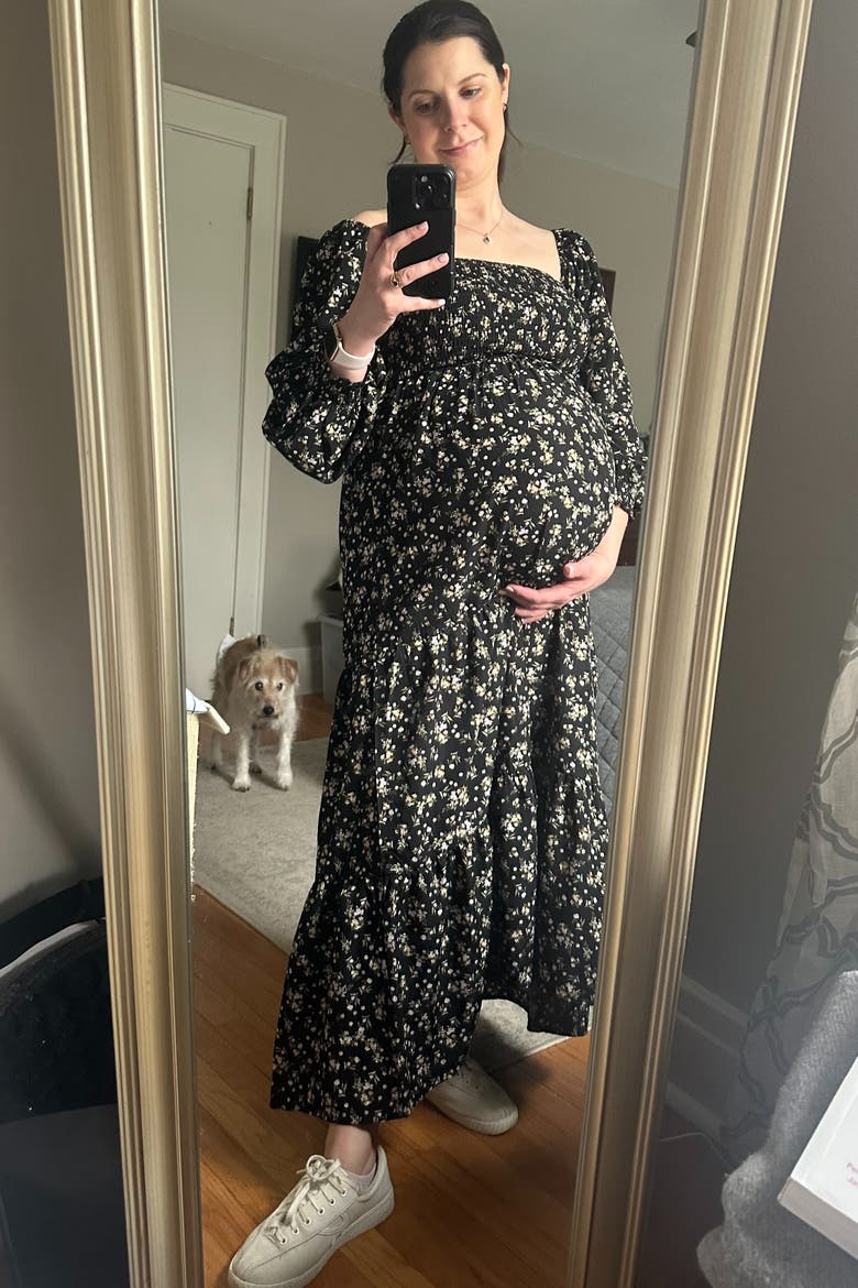 Floral Smocked Long Sleeve Maxi Dress, Alternate, color, Black
