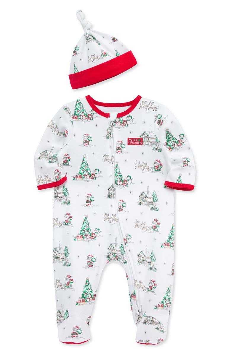 Little Me Holiday Scene Cotton Footie & Hat Set, Alternate, color, White Multi