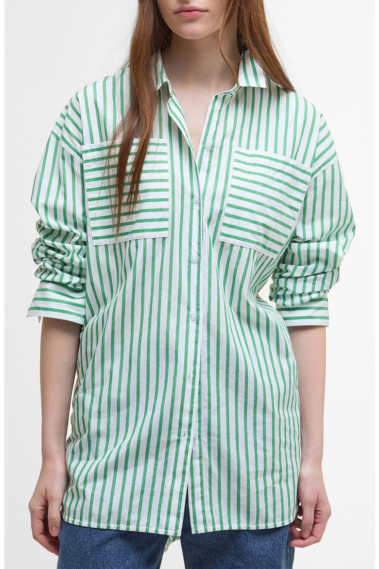 Nicola Stripe Cotton Button-Up Tunic, Main, color, WHITE/ KELLY GREEN