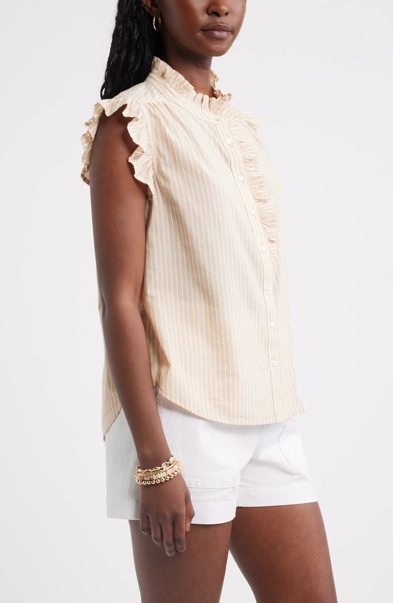 Caslon<sup>®</sup> Ruffle Sleeve Cotton Blend Top, Alternate, color, Tan-White Penny Stripe