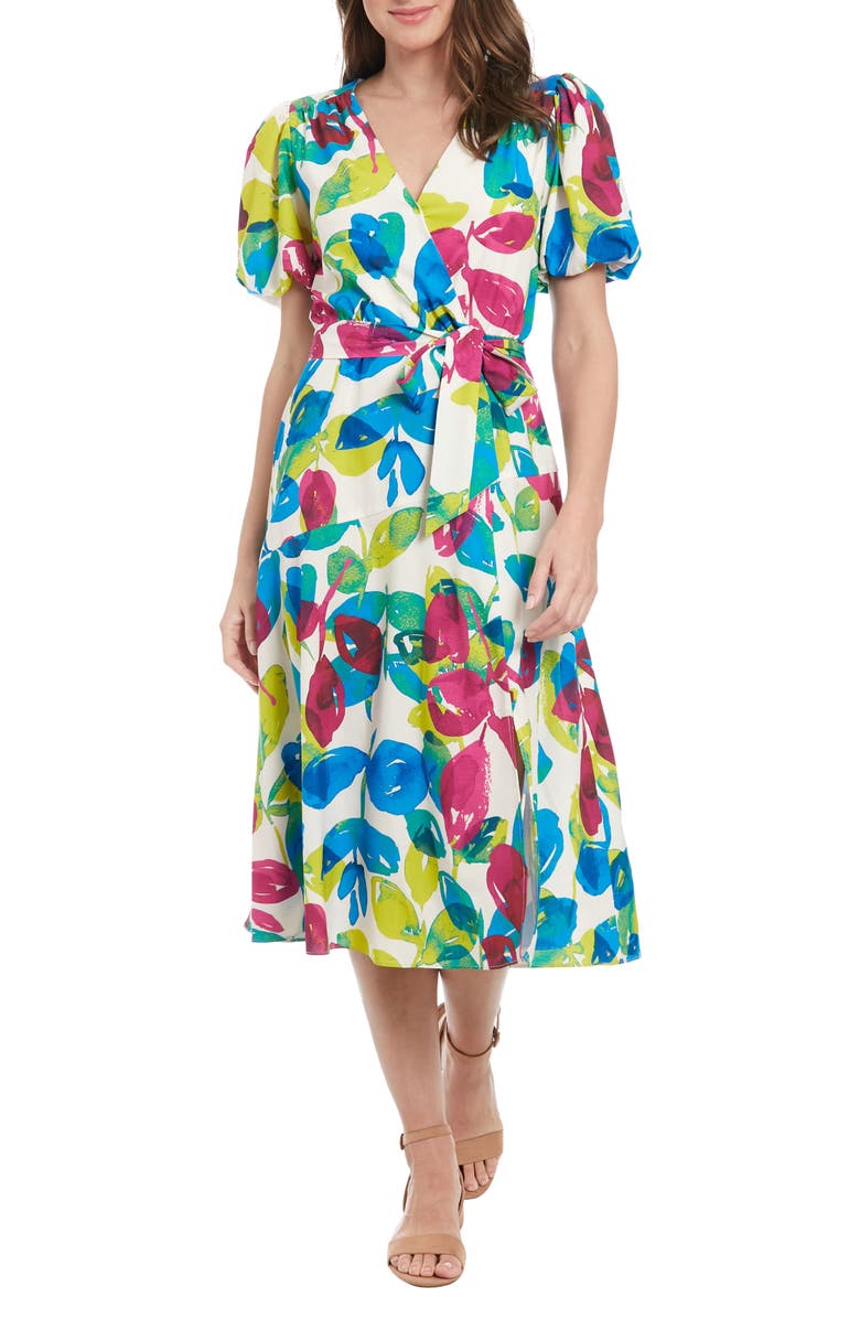 London Times Floral Puff Sleeve Midi Dress, Main, color, Cream/ Berry