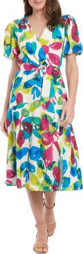 London Times Floral Puff Sleeve Midi Dress