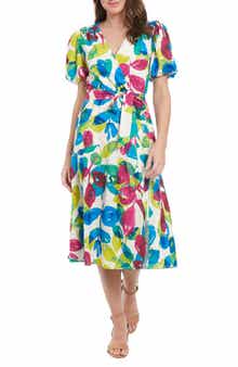 London Times Floral Puff Sleeve Midi Dress