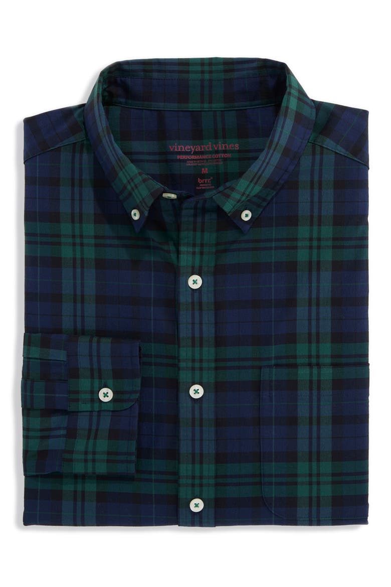 Noel Blackwatch Plaid Performance Cotton Button Down Shirt, Main, color, JET BLACK BLACKWATCH