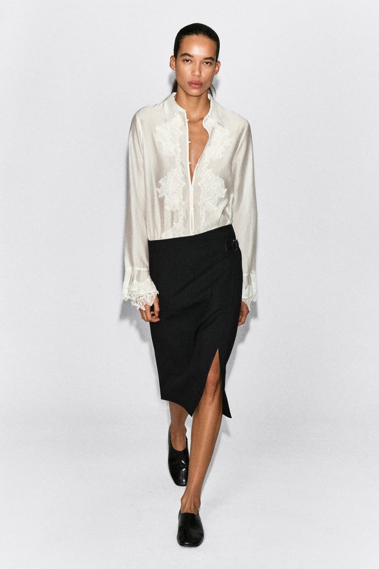 Leather-Belt Wool-Twill Midi Skirt, Main, color, BLACK