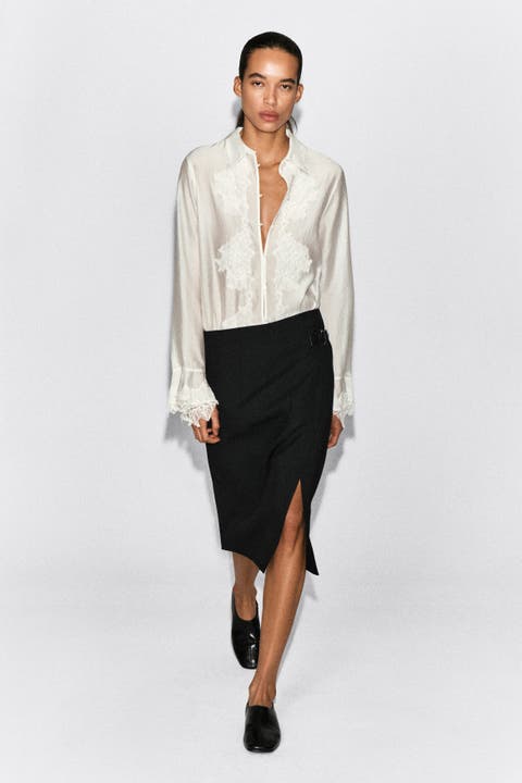 Leather-Belt Wool-Twill Midi Skirt