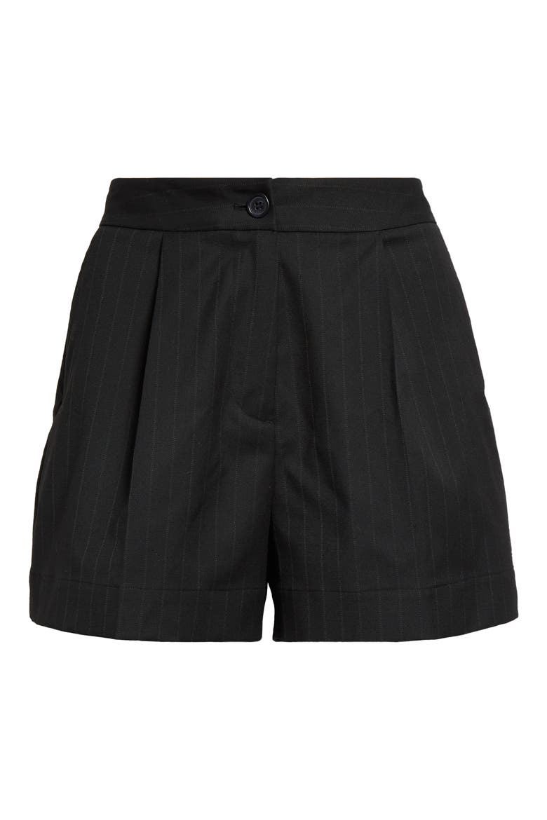 Pinstripe Pleated Twill Shorts, Alternate, color, BLACK