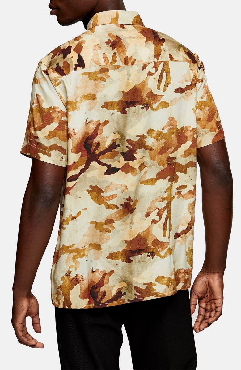 Topman Slim Fit Camouflage Print Short-Sleeve Shirt, Alternate, color,
