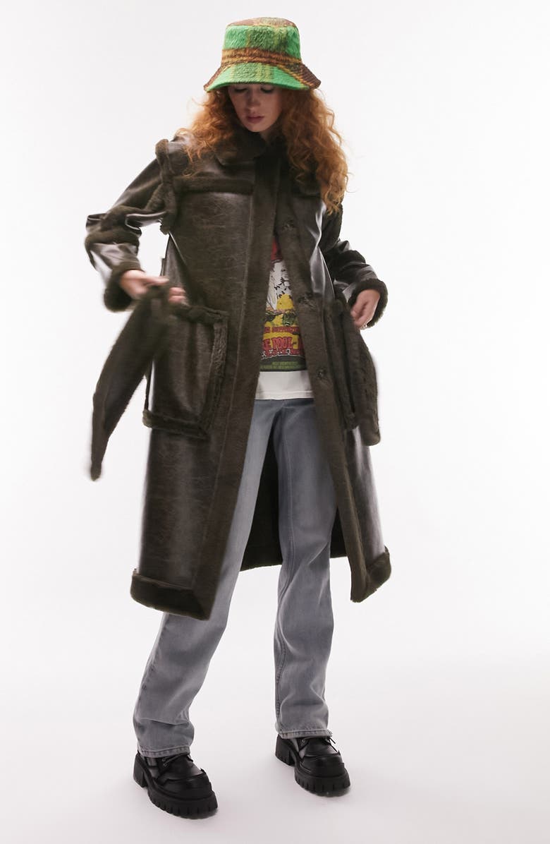 Topshop Belted Long Aviator Coat with Faux Fur Trim, Alternate, color, 