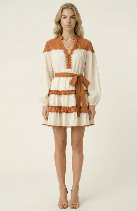 Contrast Trim Mini Dress with Waist Tie and Tiered Skirt