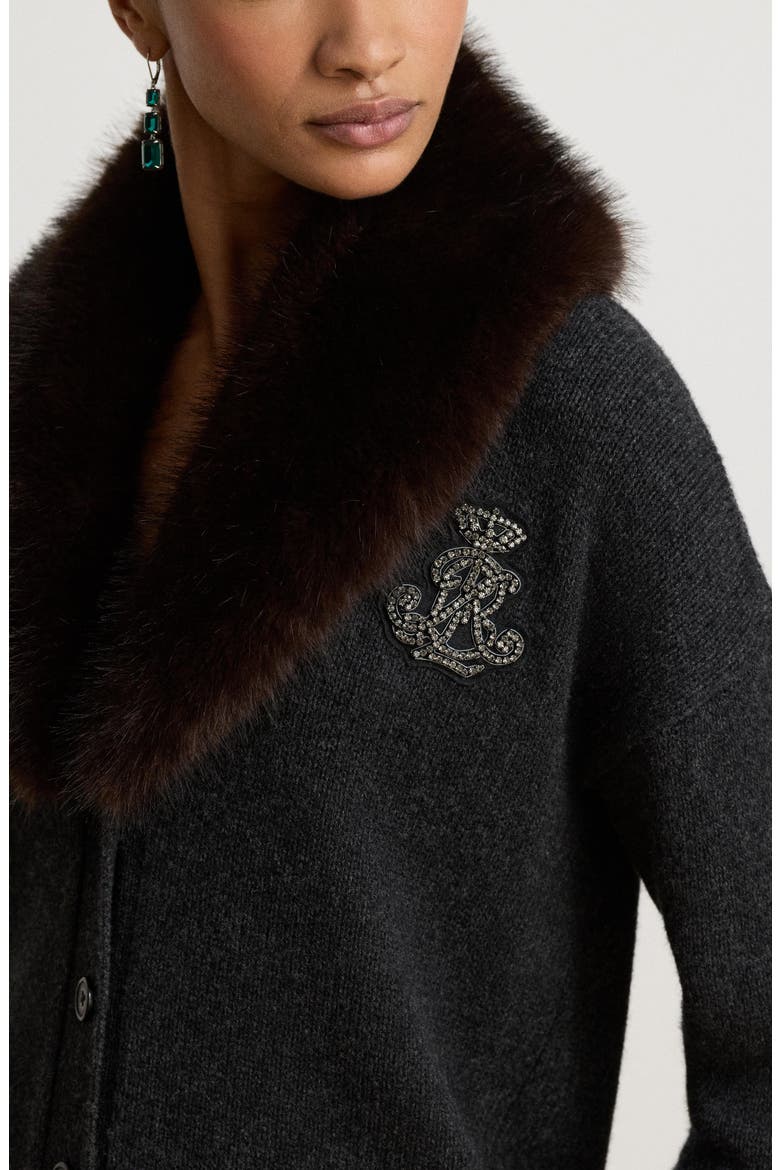 Faux Fur Trim Wool & Cashmere Cardigan, Alternate, color, GREY
