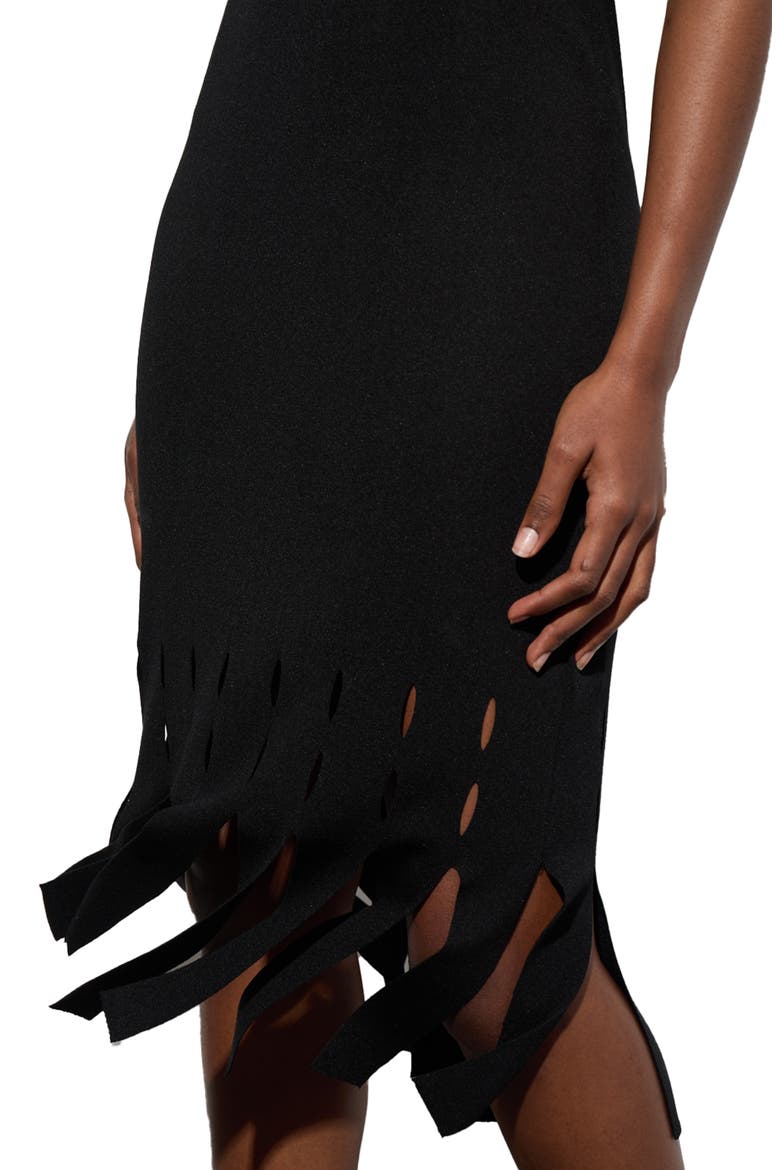 Laser Cut Detail Fringe Hem Knit Midi Dress, Alternate, color, BLACK