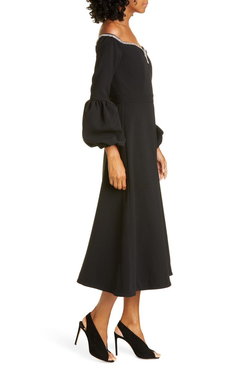 Self-Portrait Crystal Trim Off the Shoulder Long Sleeve Midi Dress, Alternate, color,