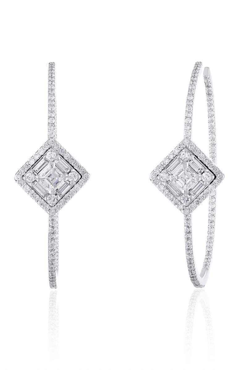 Mindi Mond Clarity Asscher Diamond Hoop Earrings, Main, color, White Gold/ Diamond