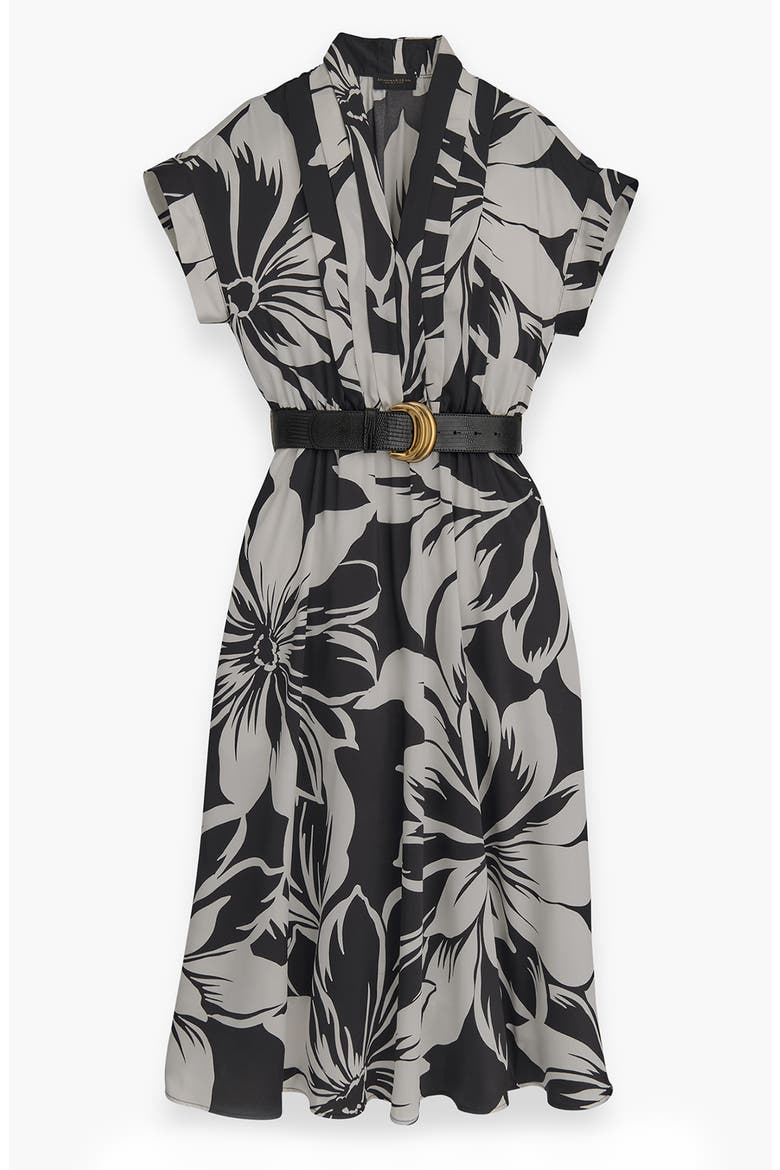 Floral Print Belted Midi Dress, Alternate, color, BLACK/ PRISTINE