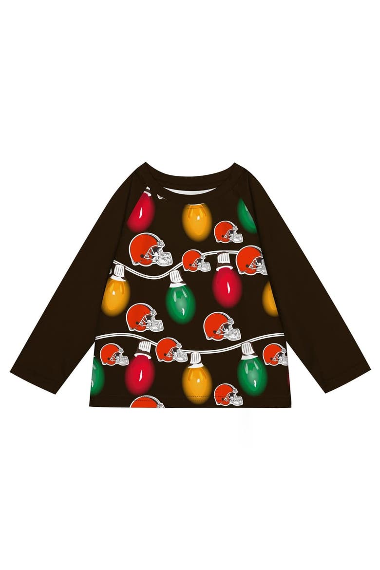 Youth Cleveland Browns Two-Piece Garland Holiday Long Sleeve Pajama Set, Alternate, color, Brown
