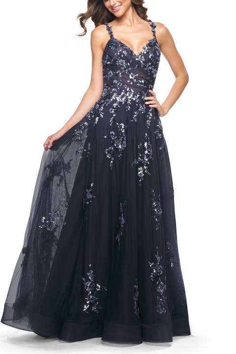 A-Line Tulle and Floral Sequin Gown with High Slit