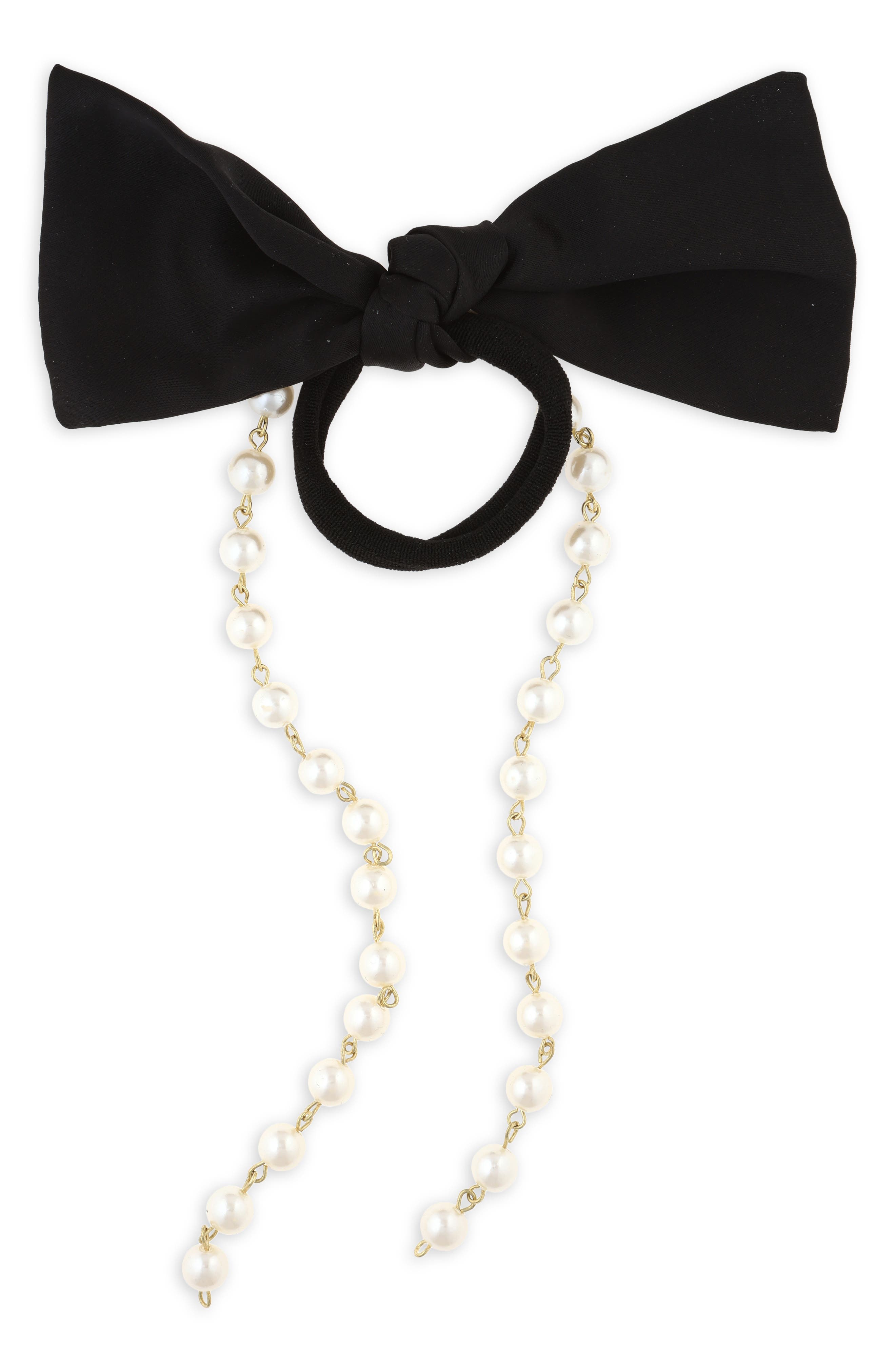 NATASHA Imitation Pearl Satin Bow Ponytail Holder in Black 