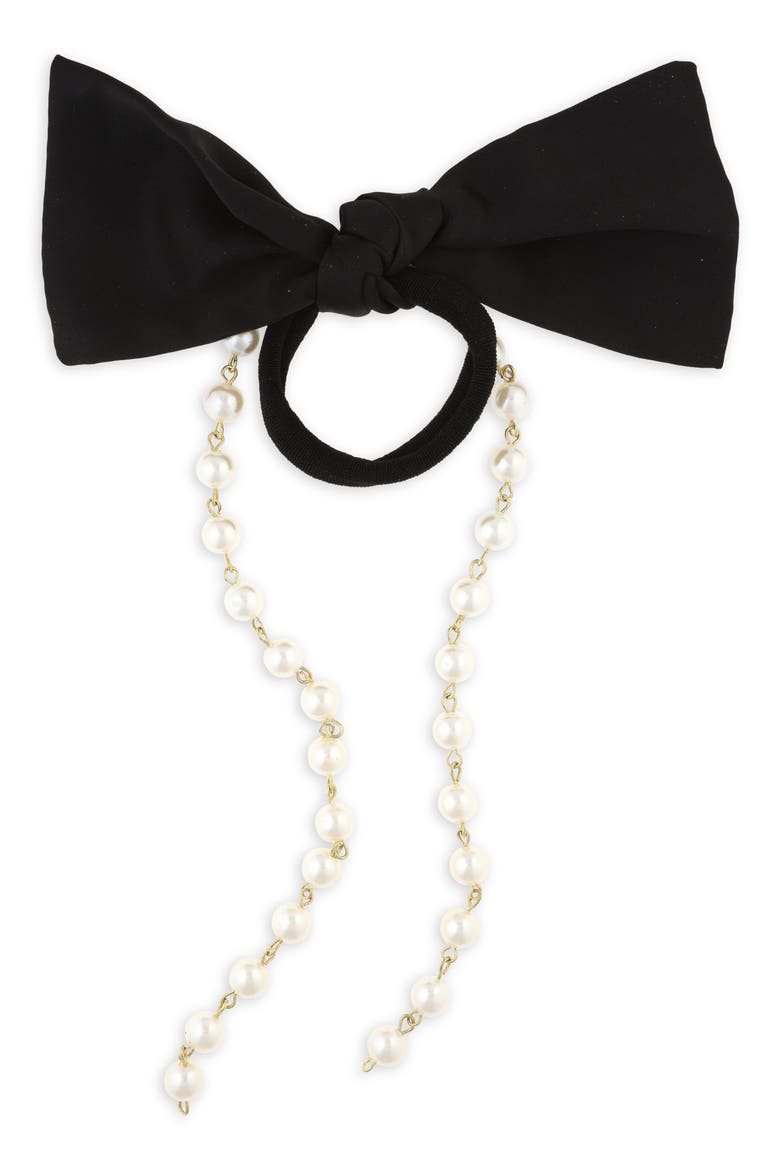 Imitation Pearl Satin Bow Ponytail Holder, Main, color, BLACK