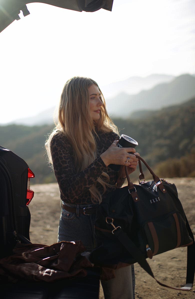 ELLE Luxe Journey 30L Twill and Vegan Leather Weekender Duffel Bag, Alternate, color, Black