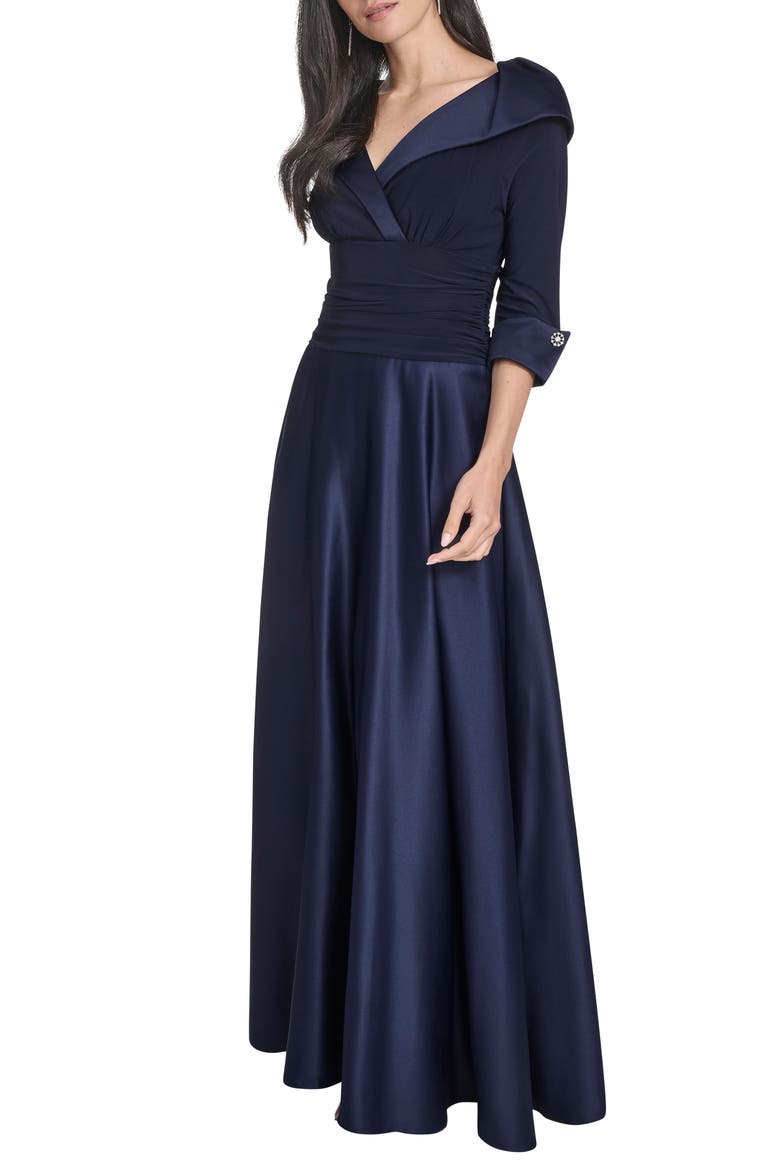 Portrait Collar Mixed Media Ballgown, Alternate, color, NAVY