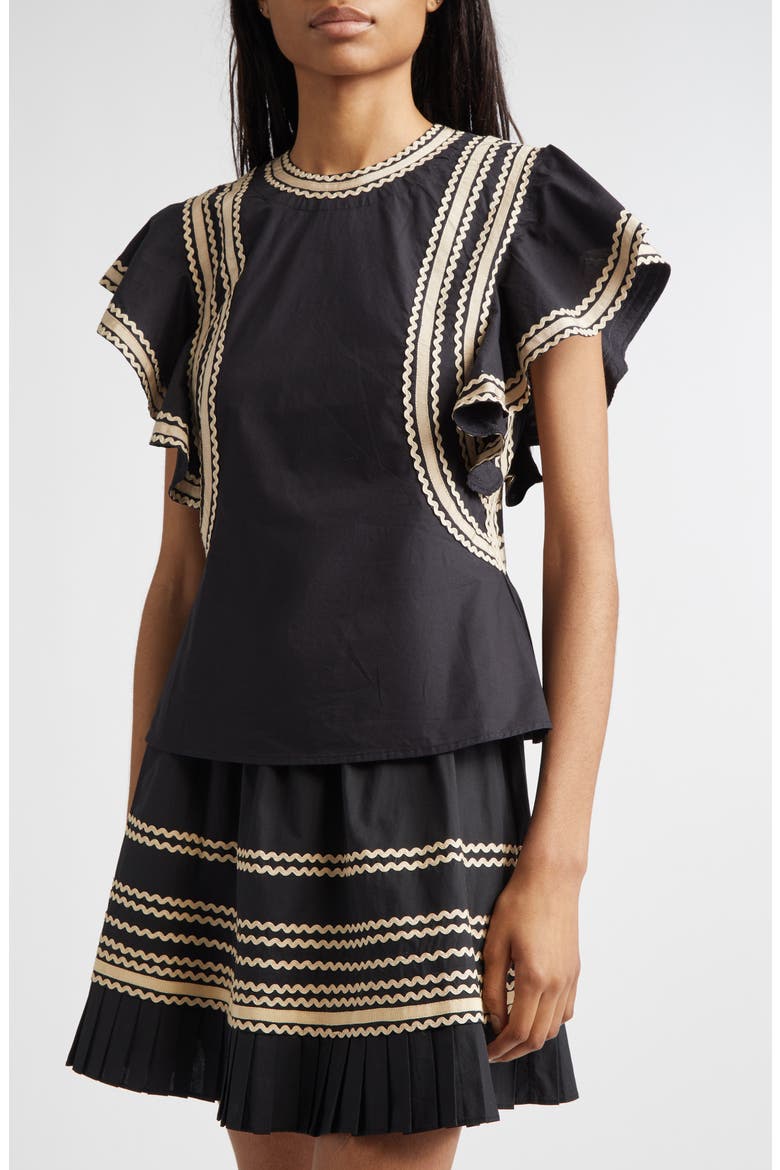 Anora Rickrack Trim Cotton Flutter Sleeve Top, Alternate, color, NOIR