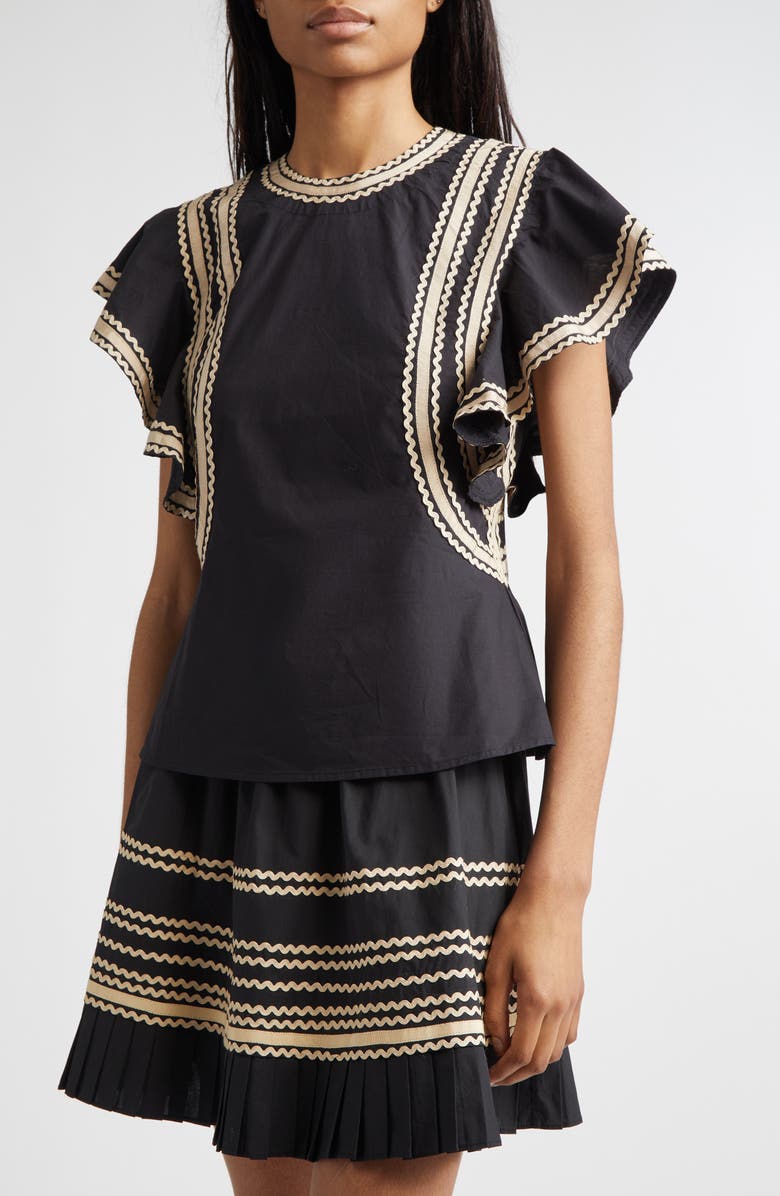 Ulla Johnson Anora Rickrack Trim Cotton Flutter Sleeve Top, Alternate, color, Noir