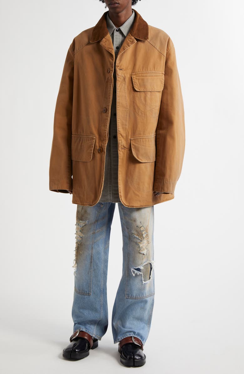Maison Margiela Corduroy Collar Waxed Cotton Canvas Coat, Alternate, color, Ochre