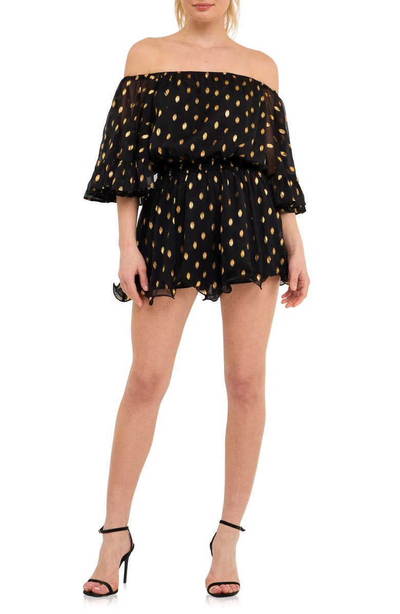 Endless Rose Off the Shoulder Chiffon Romper, Alternate, color, Black