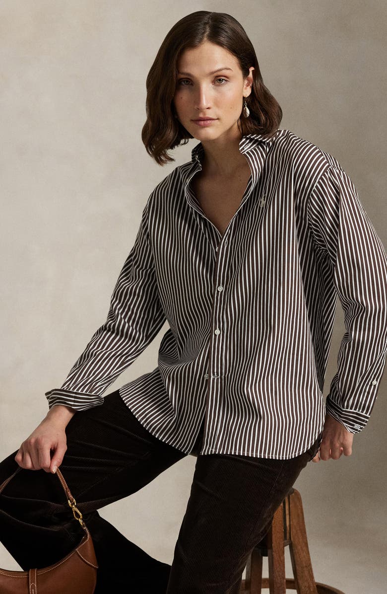Polo Ralph Lauren Stripe Relaxed Fit Cotton Button-Up Shirt, Alternate, color, Brown/ White