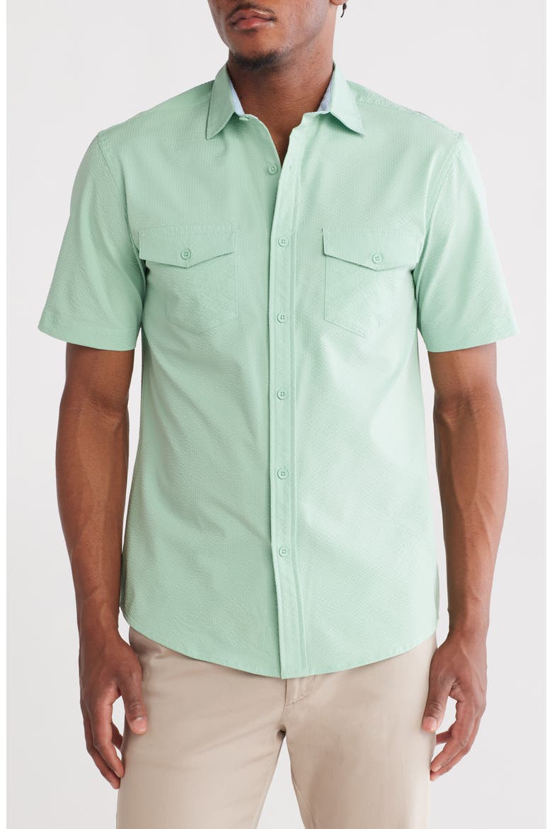 Hybrid Seersucker Short Sleeve Button-Down Shirt, Main, color, CELADON