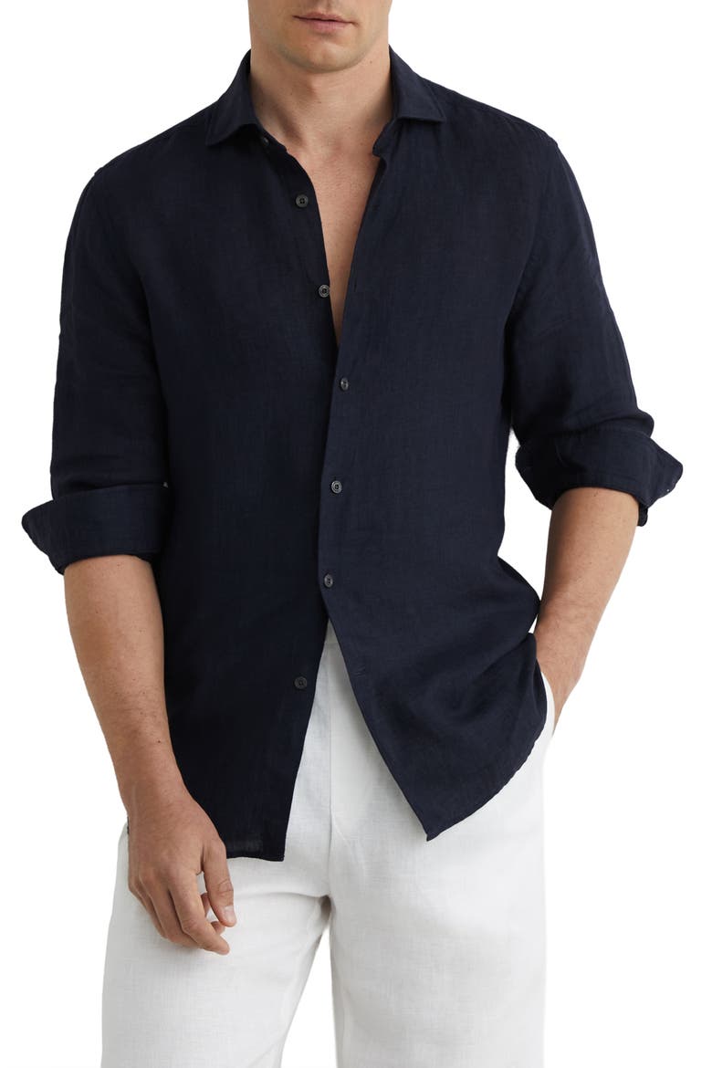 Ruban Linen Button-Up Shirt, Main, color, NAVY