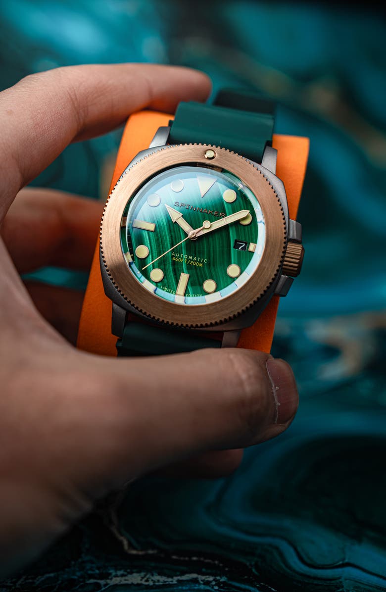 SPINNAKER Hull Titanium Bronze Automatic Lapidary Malachite Silicone Strap Watch, 42mm, Alternate, color, 
