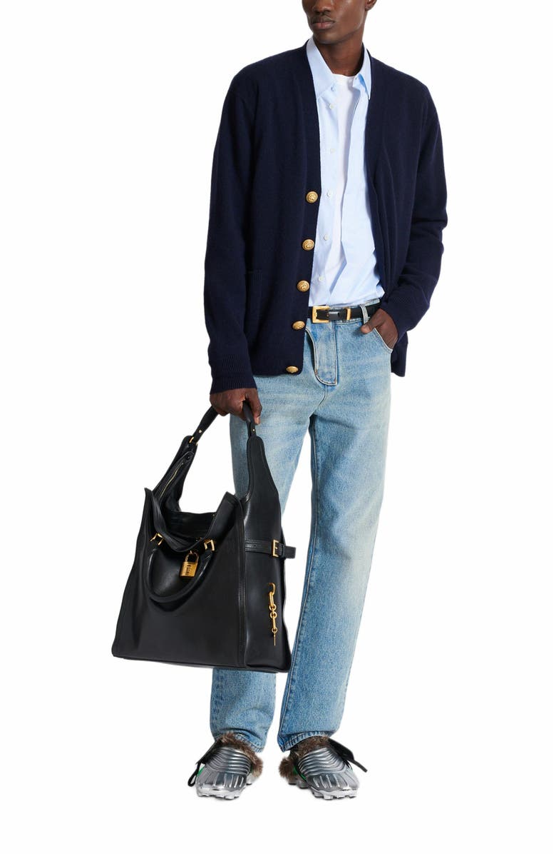 Balmain Eco-Cashmere Cardigan, Alternate, color, Navy