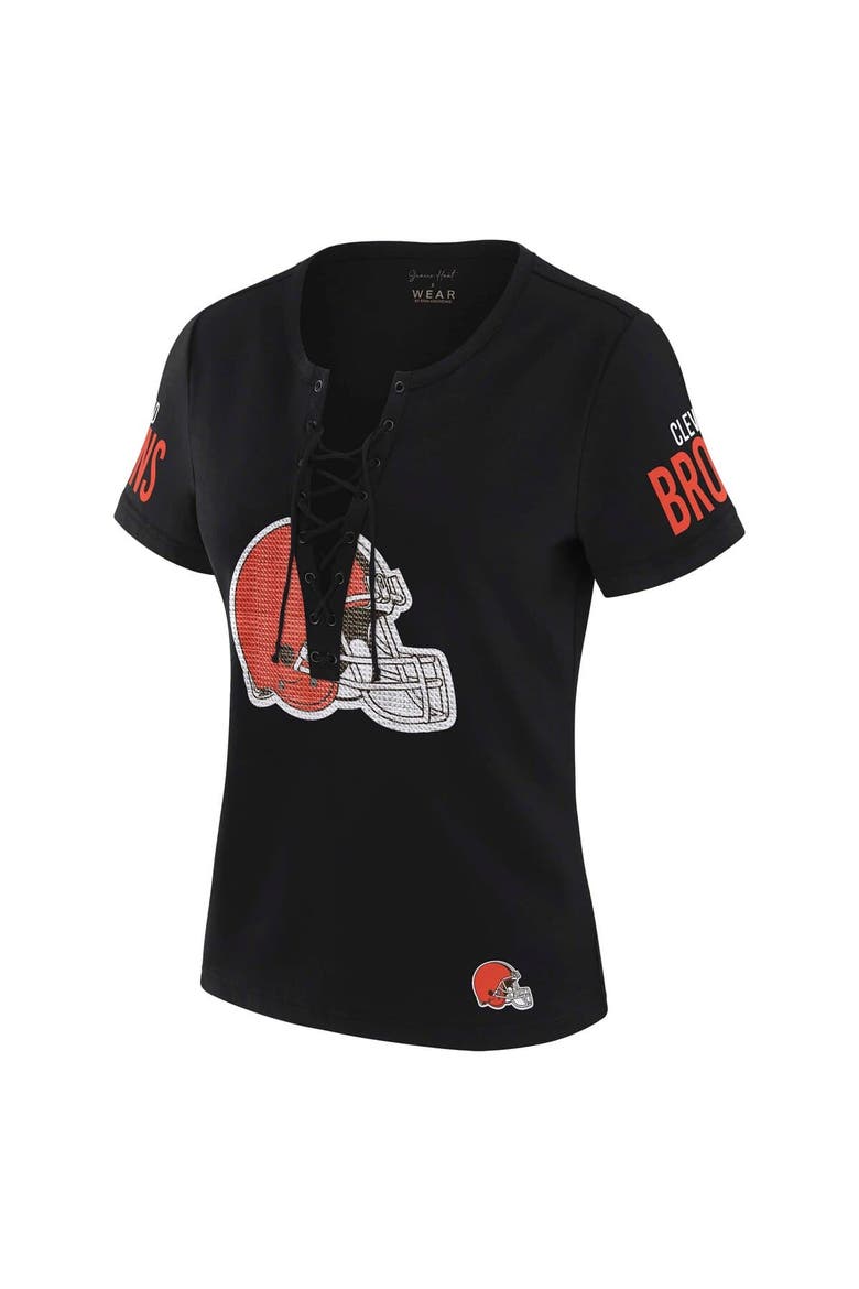 Women's WEAR by Erin Andrews x Gracie Hunt Black Cleveland Browns Draft Me Lace-Up T-Shirt, Alternate, color, Black
