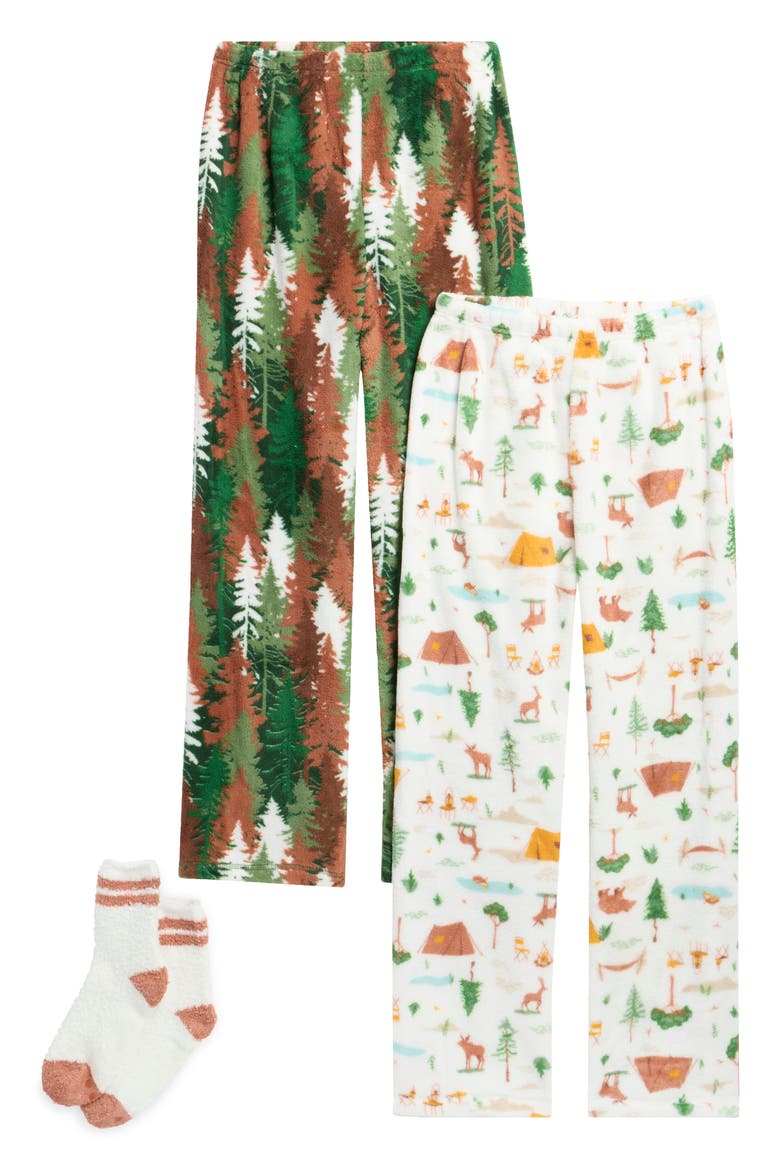 Kids' Lounge Around 2-Pack Pajama Pants & Socks Set, Main, color, GREEN BROWN ABSTRACT