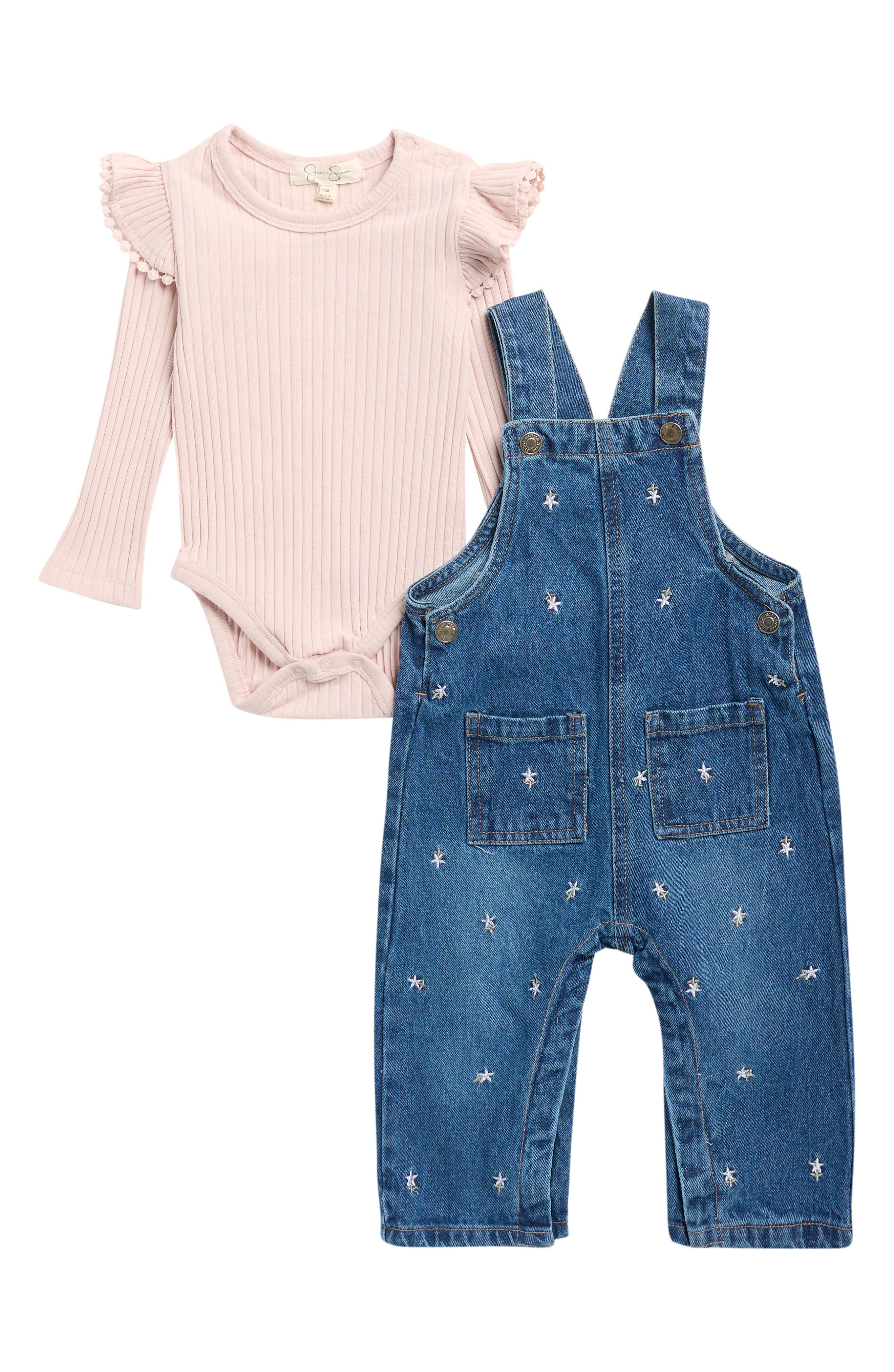 Long Sleeve Bodysuit & Denim Overalls Set