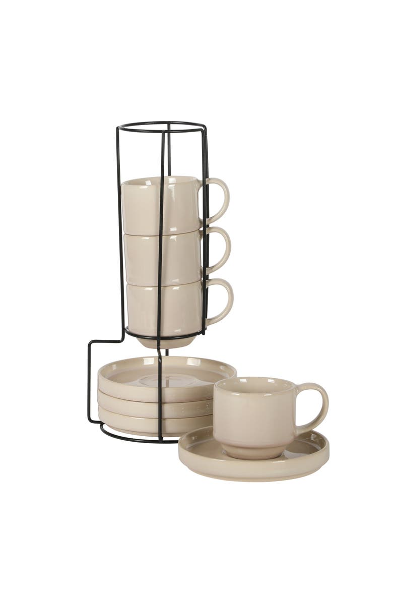 Sunrise Hills Stackable Stoneware Cup and Saucer Set with Metal Rack, Alternate, color, Cream